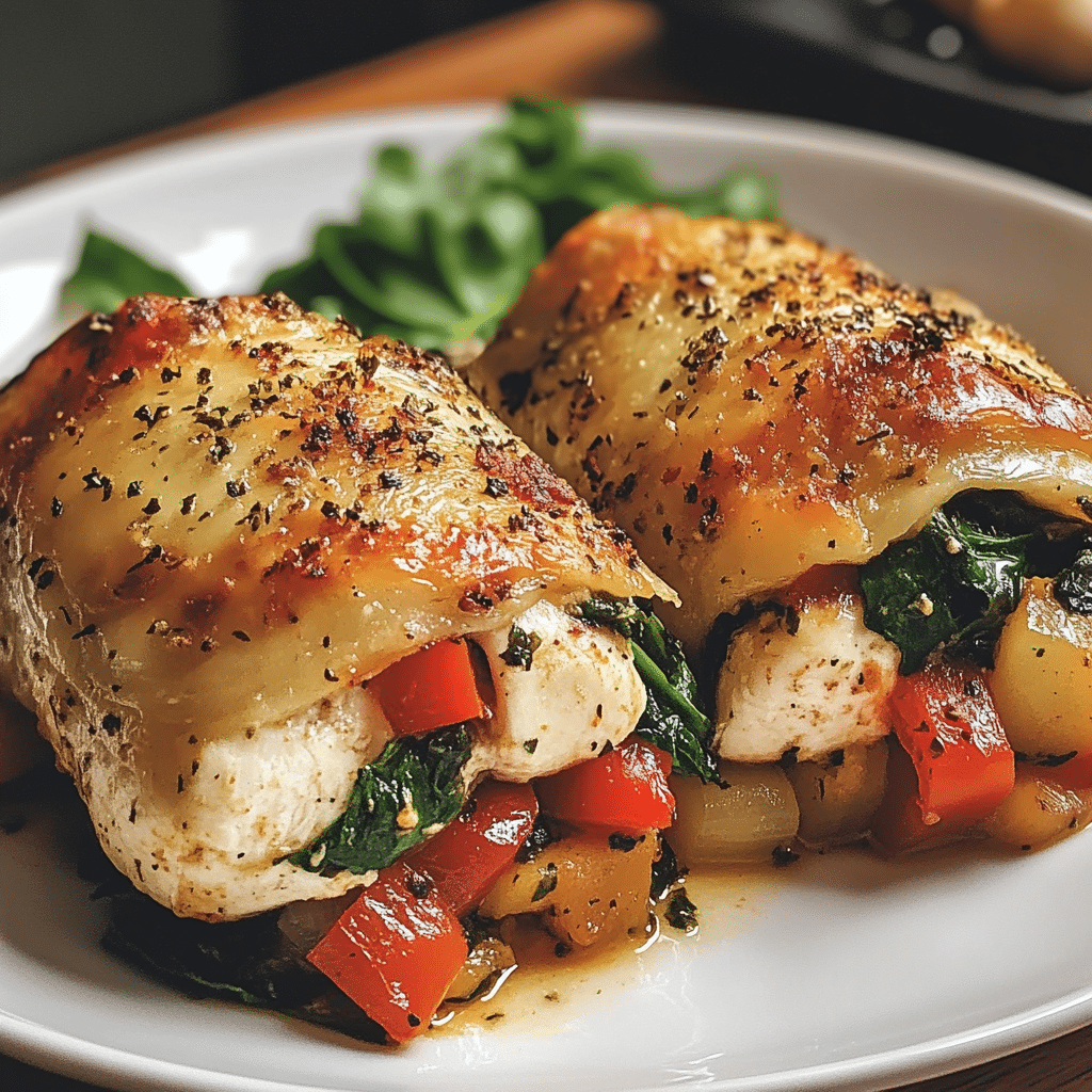 stuffed chicken, roasted red peppers, spinach, mozzarella, savory chicken, chicken dinner