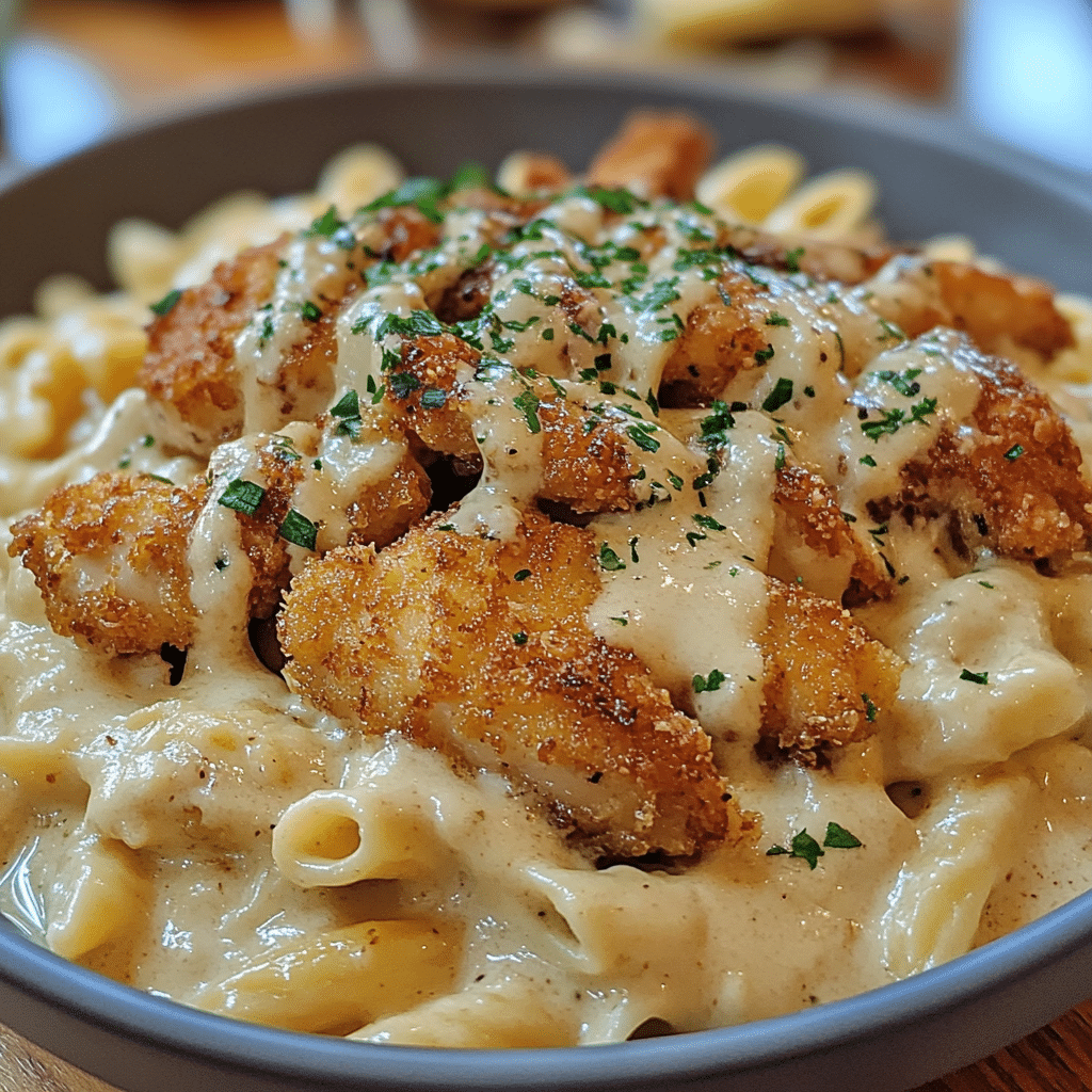 Crispy chicken, creamy pasta, Parmesan pasta, comfort food, chicken dinner, fried chicken