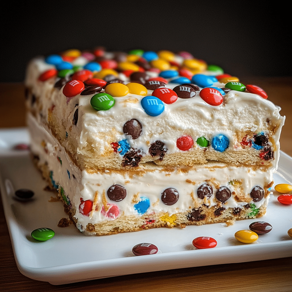 Easy M&M Ice Cream Sandwich Cake