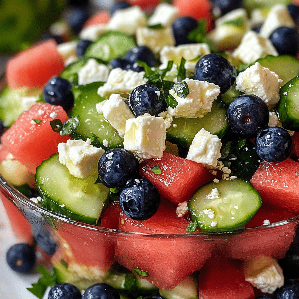 Watermelon Feta Salad with Cucumber and Blueberries