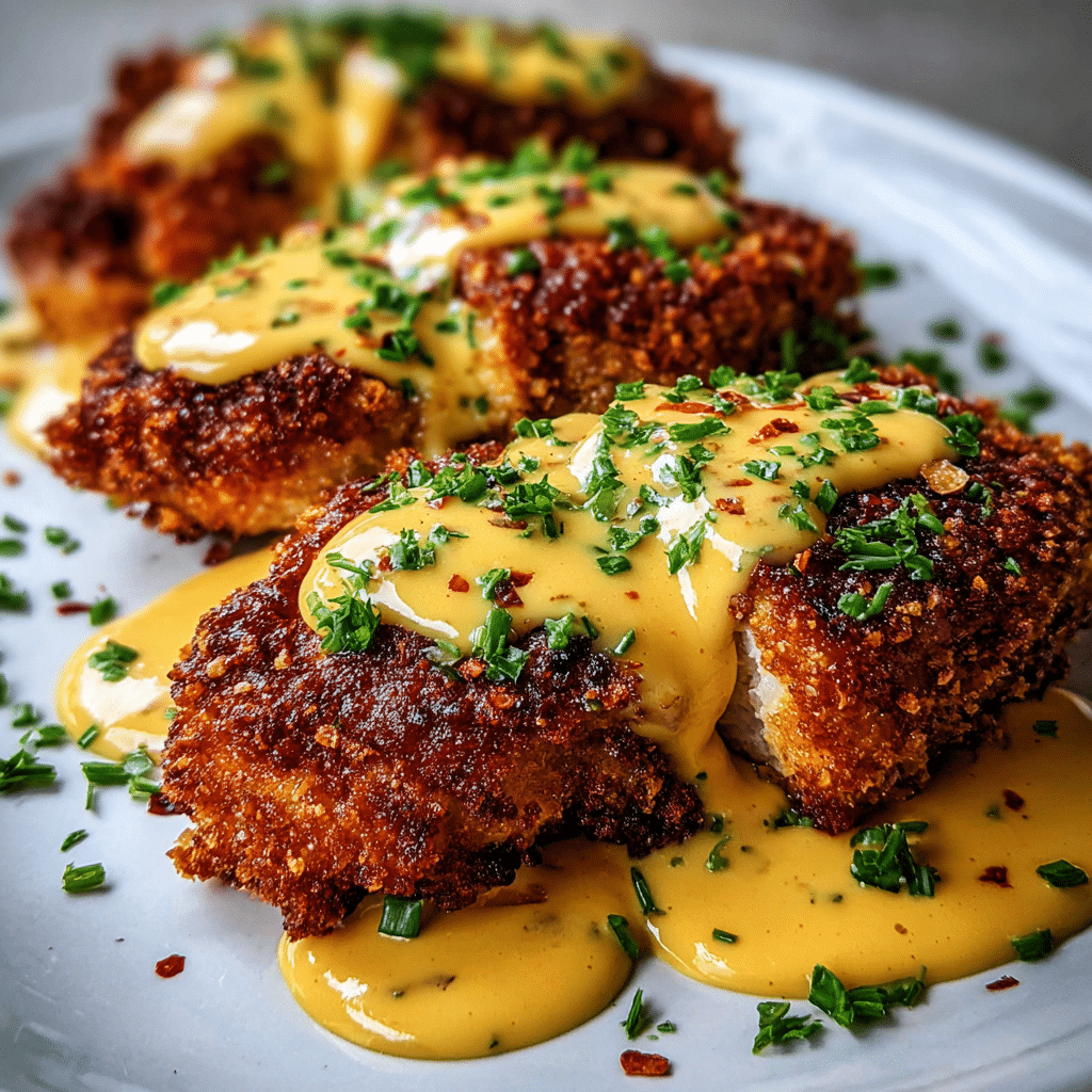 Pretzel Chicken with Cheddar Sauce