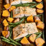 Sheet Pan Baked Salmon with Sweet Potatoes and Green Beans