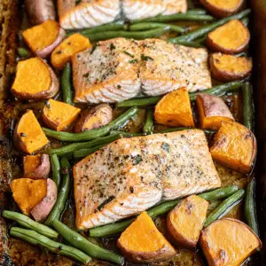 Sheet Pan Baked Salmon with Sweet Potatoes and Green Beans