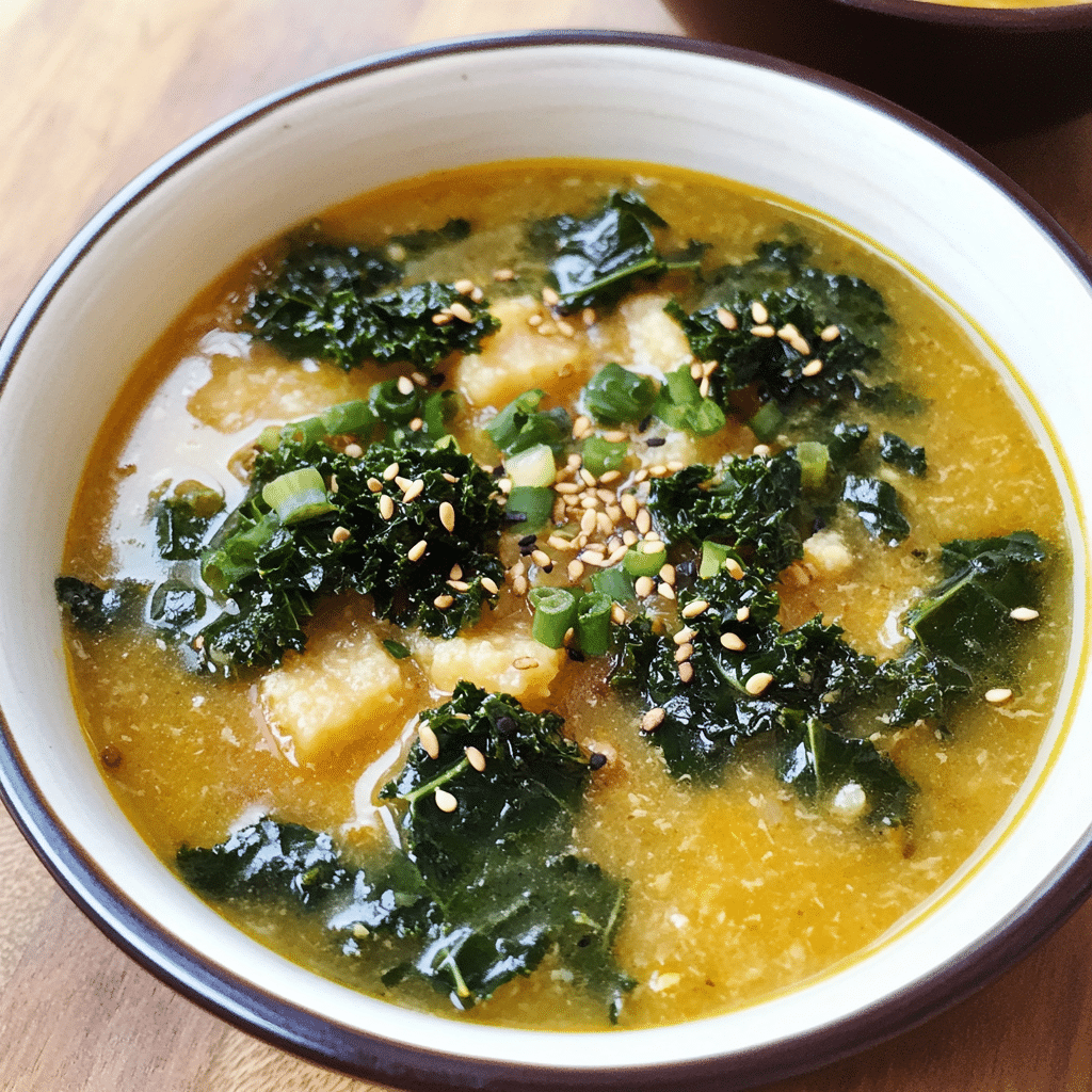 Hearty Vegan Polenta and Kale Soup With Miso and Toasted Sesame Oil