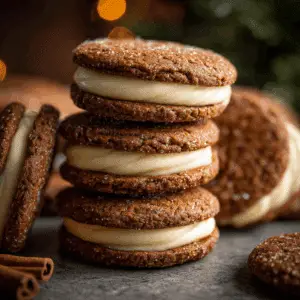Ginger Molasses Sandwich Cookies with Eggnog Frosting