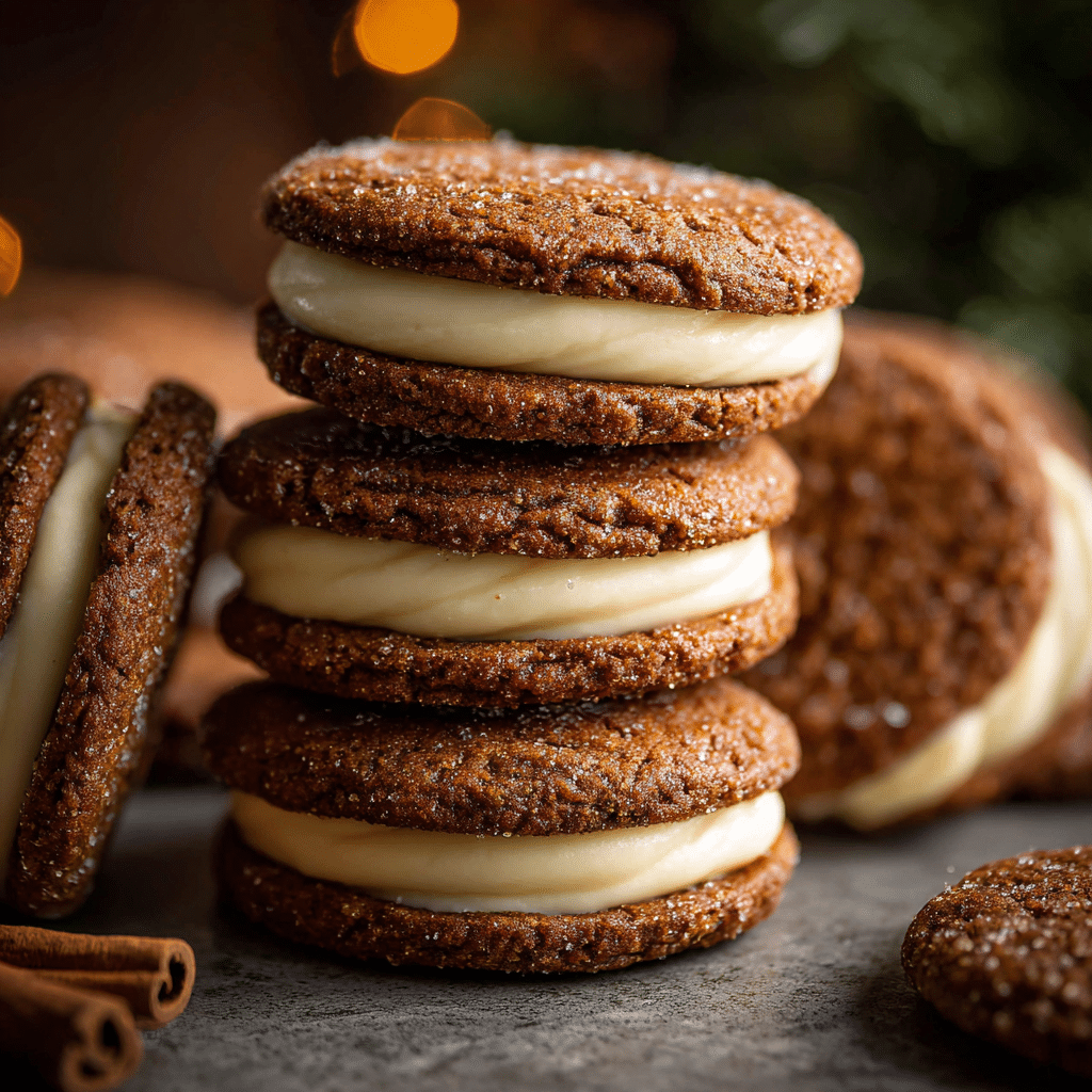 Ginger Molasses Sandwich Cookies with Eggnog Frosting