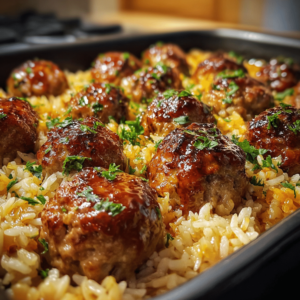 Honey Garlic Meatball Rice Bake