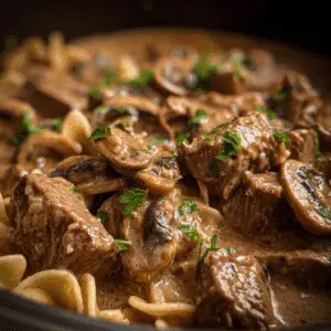 Slow Cooker Beef Stroganoff with Garlic Butter Mushrooms