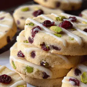 White Chocolate Drizzled Cranberry-Pistachio Shortbread Cookies